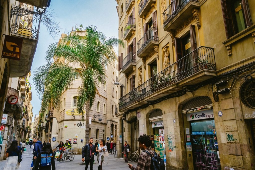 People walking on the street with old buildings lining the street and a palm tree in the center.