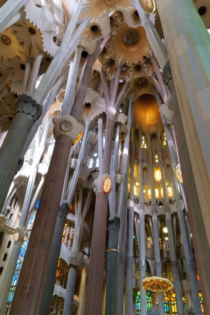 View of the interior of Sagrada Familia towards the apse.